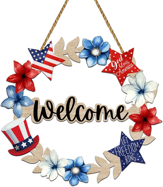4th of July Decorations 4th of July Wreaths for Front Door Patriotic Wreath Fourth of July Door Decorations Memorial Day Wooden Welcome Sign Hanging Decor for Porch Wall Indoor Home Decor