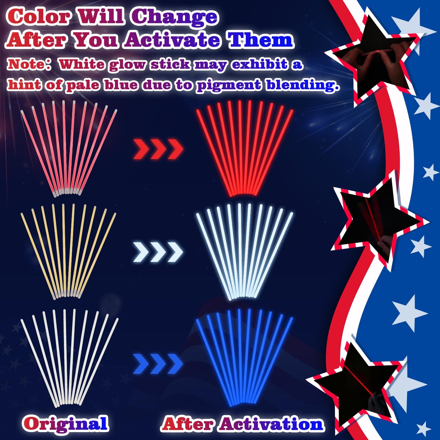 Fourth of July Accessories for Kids, 72 PCS Red White Blue Glow Sticks Party Favors Supplies, Patriotic Treat Goodie Gift Bag Stuffers, Light Up Party Toys Stuff Decor for 4th of July