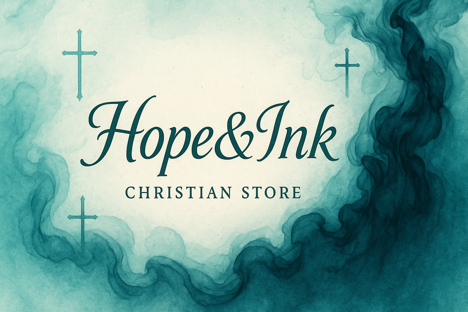 Hope&Ink banner with blueish teal ombre gradients, cross symbols, and ink effects