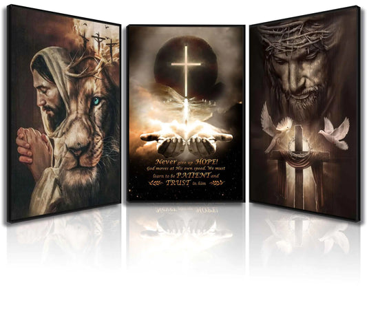 3Pcs Jesus Wall Art Jesus Lion Posters Pictures Christian Paintings Cross Bible Art Canvas Prints Cross And Peace Dove Decor Redemption And God Series for Room Religious Churches Wall Decor Unframed